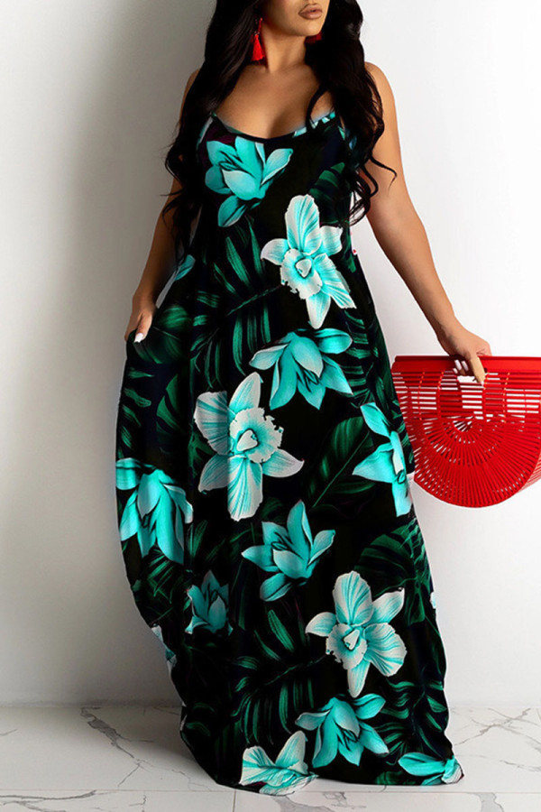 Sky Blue Sexy Print Patchwork Spaghetti Strap Sling Dress Dresses