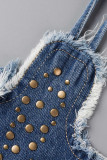 Blue Sexy Patchwork Rivets Bandage Backless Halter Tops