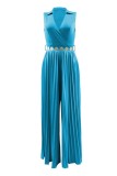 Blue Casual Solid Patchwork Pleated V Neck Regular Jumpsuits