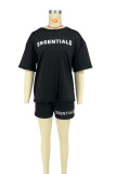 Red Casual Letter Print Basic O Neck Short Sleeve Two Pieces