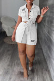 White Casual Letter Print Bandage Patchwork Buckle Turndown Collar Short Sleeve Two Pieces