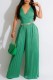 Green Casual Solid Patchwork Pleated V Neck Regular Jumpsuits