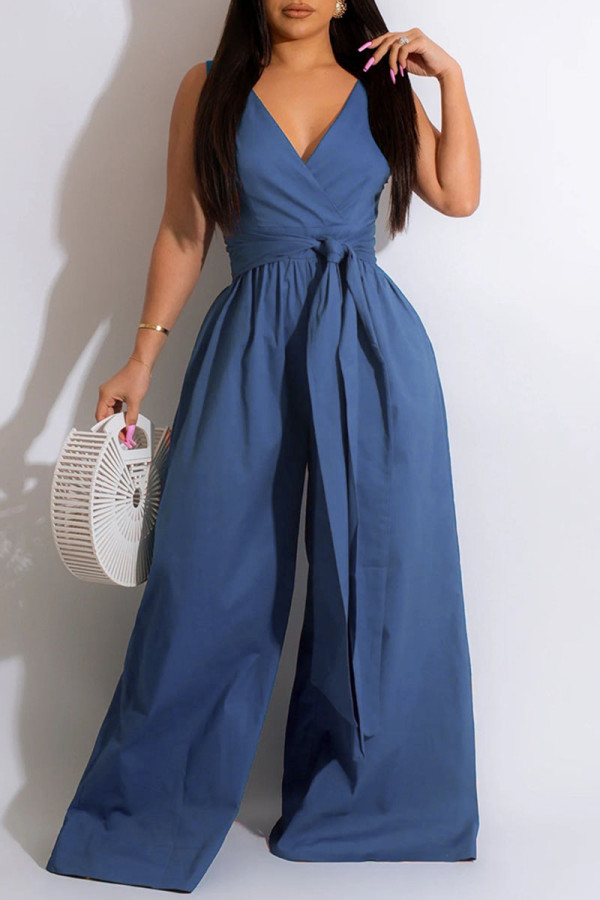 Blue Sexy Solid Bandage Patchwork Backless V Neck Straight Jumpsuits