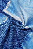 Blue Sexy Print Hollowed Out Patchwork Half A Turtleneck Long Sleeve Two Pieces