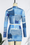 Blue Sexy Print Hollowed Out Patchwork Half A Turtleneck Long Sleeve Two Pieces