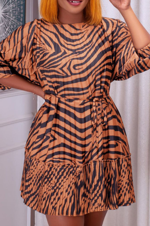 Brown Casual Print Bandage Patchwork Fold O Neck Straight Dresses