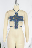 Blue Sexy Patchwork Rivets Bandage Backless Halter Tops