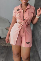 Pink Casual Letter Print Bandage Patchwork Buckle Turndown Collar Short Sleeve Two Pieces