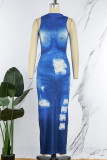Blue Sexy Print Ripped O Neck Sleeveless Dress Dresses
