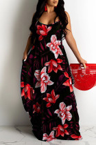 Red Sexy Print Patchwork Spaghetti Strap Sling Dress Dresses