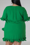 Green Casual Solid Patchwork Asymmetrical Stringy Selvedge O Neck Straight Plus Size Dresses