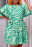 Green Casual Print Bandage Patchwork Fold O Neck Straight Dresses