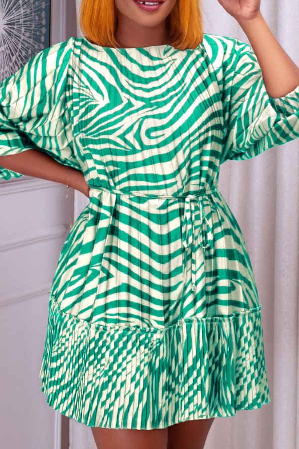 Green Casual Print Bandage Patchwork Fold O Neck Straight Dresses