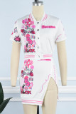Red Sexy Print Patchwork Buckle Slit Short Sleeve Two Pieces