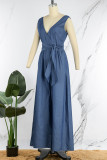 Blue Sexy Solid Bandage Patchwork Backless V Neck Straight Jumpsuits