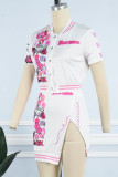 Red Sexy Print Patchwork Buckle Slit Short Sleeve Two Pieces