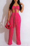 Rose Red Sexy Solid Patchwork Fold Without Belt Halter Sleeveless Two Pieces