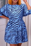 Blue Casual Print Bandage Patchwork Fold O Neck Straight Dresses