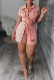 Khaki Casual Letter Print Bandage Patchwork Buckle Turndown Collar Short Sleeve Two Pieces