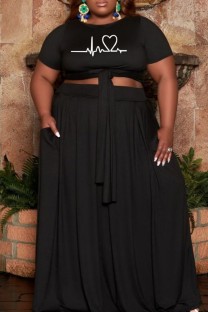 Black Casual Bandage O Neck Plus Size Two Pieces