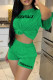 Green Casual Letter Print Basic O Neck Short Sleeve Two Pieces