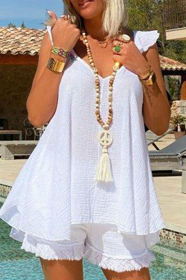 White Casual Solid Patchwork V Neck Two Pieces