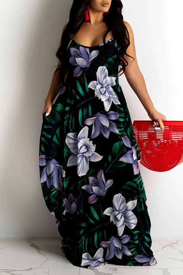 Purple Sexy Print Patchwork Spaghetti Strap Sling Dress Dresses