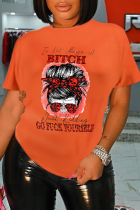 Orange Street Vintage Print Skull Patchwork O Neck T-Shirts