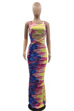 Multicolor Sexy Print Hollowed Out Patchwork O Neck One Step Skirt Dresses