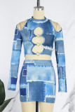 Blue Sexy Print Hollowed Out Patchwork Half A Turtleneck Long Sleeve Two Pieces