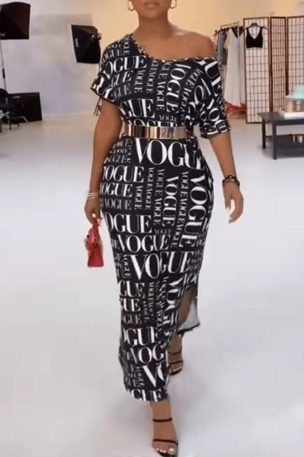 Black Casual Street Print Patchwork Without Belt Oblique Collar Straight Dresses(Without Belt)