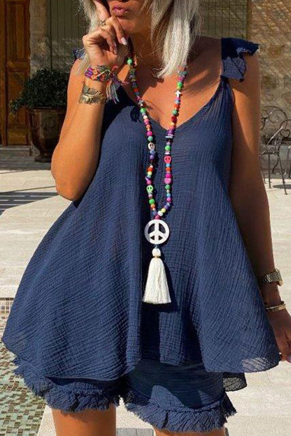 Navy Blue Casual Solid Patchwork V Neck Two Pieces