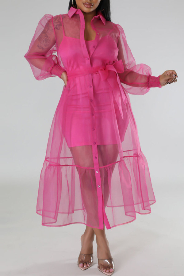 Rose Red Casual Solid Patchwork Buckle Turndown Collar Long Sleeve Two Pieces