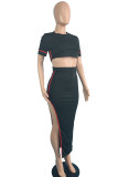 Black Sexy Solid Patchwork Slit Asymmetrical O Neck Short Sleeve Two Pieces