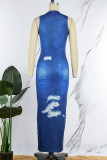 Blue Sexy Print Ripped O Neck Sleeveless Dress Dresses
