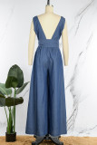 Blue Sexy Solid Bandage Patchwork Backless V Neck Straight Jumpsuits