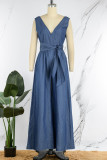Blue Sexy Solid Bandage Patchwork Backless V Neck Straight Jumpsuits