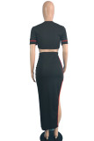Black Sexy Solid Patchwork Slit Asymmetrical O Neck Short Sleeve Two Pieces