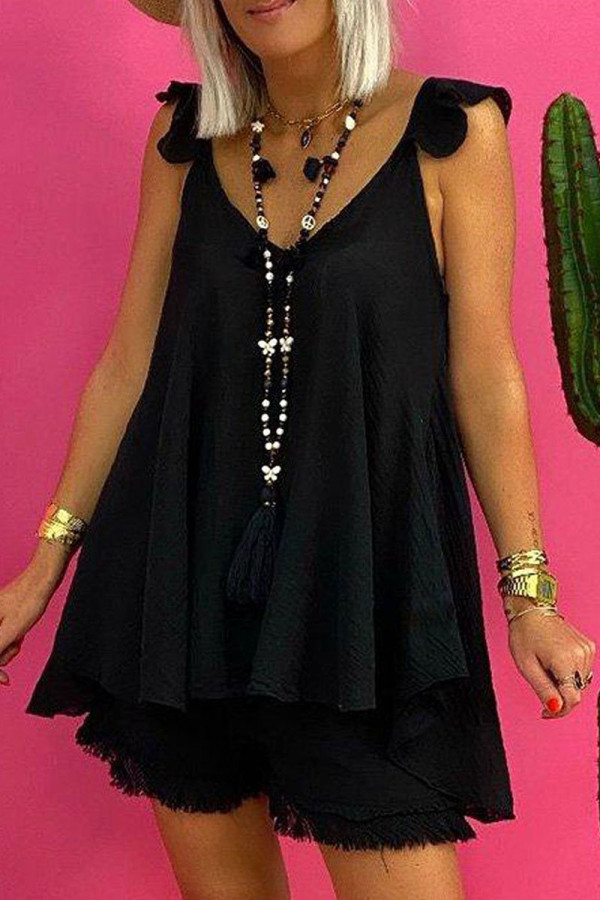 Black Casual Solid Patchwork V Neck Two Pieces
