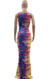 Multicolor Sexy Print Hollowed Out Patchwork O Neck One Step Skirt Dresses
