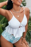 White Sexy Print Backless V Neck Plus Size Swimwear (With Paddings)