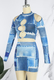 Blue Sexy Print Hollowed Out Patchwork Half A Turtleneck Long Sleeve Two Pieces
