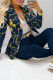 Tibetan Blue Casual Print Patchwork Buttons Turn-back Collar Long Sleeve Two Pieces(Without Belt)
