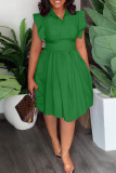 Green Casual Sweet Solid Patchwork Fold Turndown Collar A Line Dresses