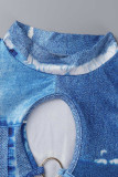 Blue Sexy Print Hollowed Out Patchwork Half A Turtleneck Long Sleeve Two Pieces