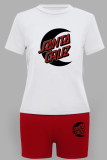 Red Casual Print Basic O Neck Short Sleeve Two Pieces