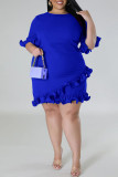 Blue Casual Solid Patchwork Asymmetrical Stringy Selvedge O Neck Straight Plus Size Dresses