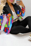 Red Black Casual Print Patchwork Buttons Turn-back Collar Long Sleeve Two Pieces(Without Belt)