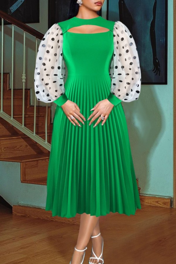 Green Casual Dot Print Hollowed Out Patchwork O Neck Pleated Dresses
