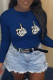 Navy Blue Street Daily Skull Patchwork O Neck Tops